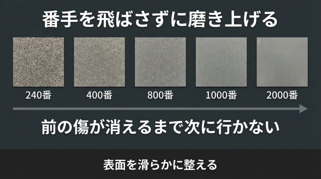 240番から2000番まで前の傷が消えるまで番手を飛ばさずに磨き上げる