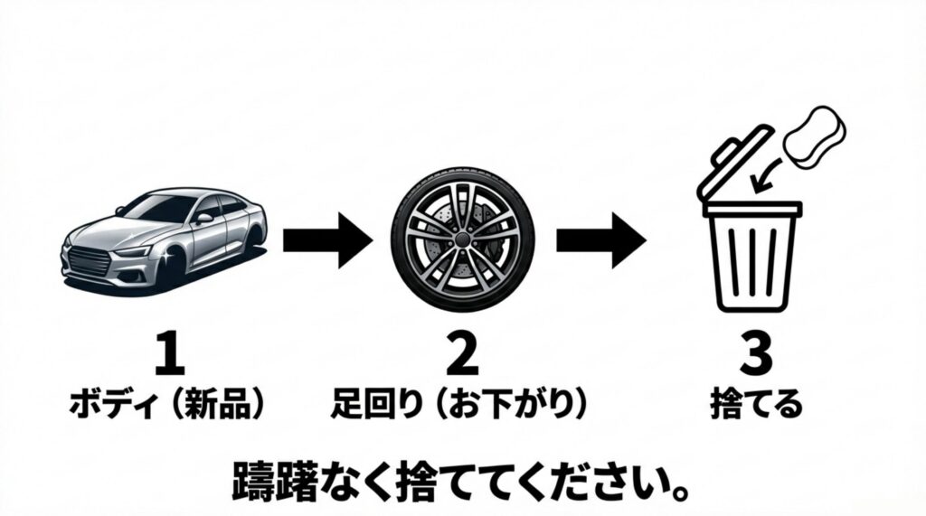 スポンジのローテーション：1ボディ新品→2足回りお下がり→3捨てる