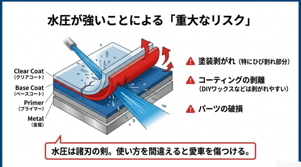 強い水圧による車のクリアコートやベースコートの塗装剥がれ、パーツ破損の図解