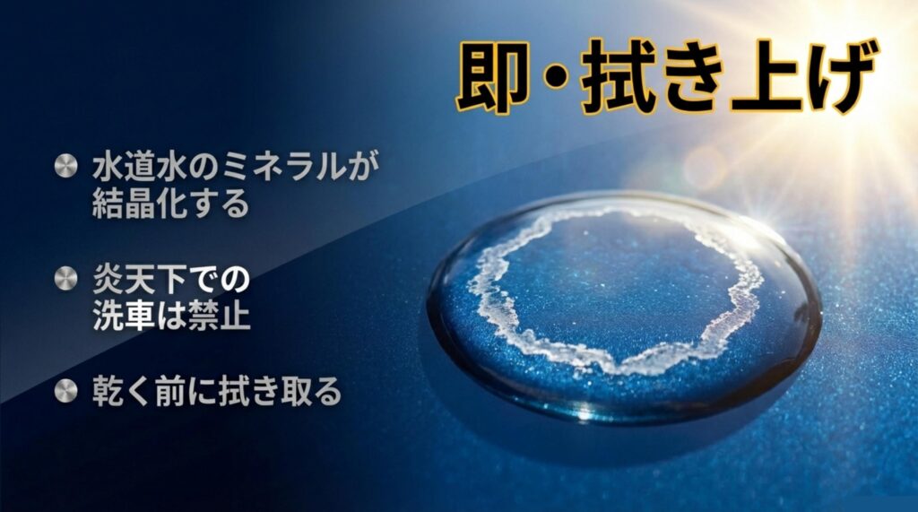 水道水のミネラル結晶化による水垢を防ぐため乾く前に素早く拭き上げる重要性