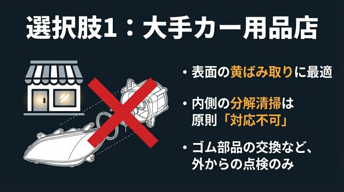 オートバックスやイエローハットで「内側清掃」が断られる理由 大手カー用品店での内側清掃不可と点検のみの対応案内