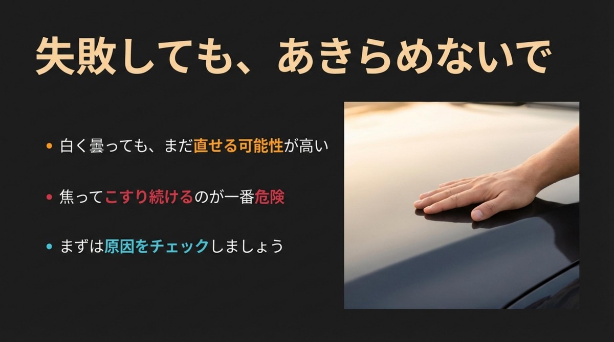 失敗してもあきらめないで!白く曇っても直せる可能性 車を撫でる手と修復の可能性を示すメッセージ