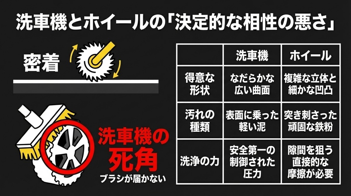 洗車機のブラシがホイールの隙間に届かない理由 複雑な形状のホイールに洗車機のブラシが届かない死角の解説