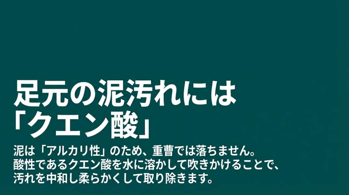 足元の泥汚れなどアルカリ性にはクエン酸