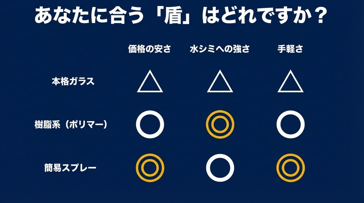 あなたに合う「盾」はどれですか?徹底比較表 本格ガラス、ポリマー、簡易スプレーの価格、水シミへの強さ、手軽さを比較した表スライド