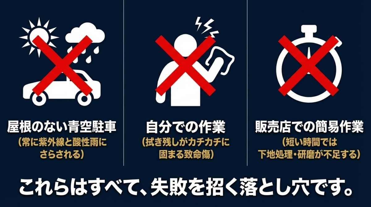 失敗を招く3つの落とし穴 青空駐車、自分でのDIY作業、販売店での簡易作業がコーティング失敗の落とし穴であることを示すスライド
