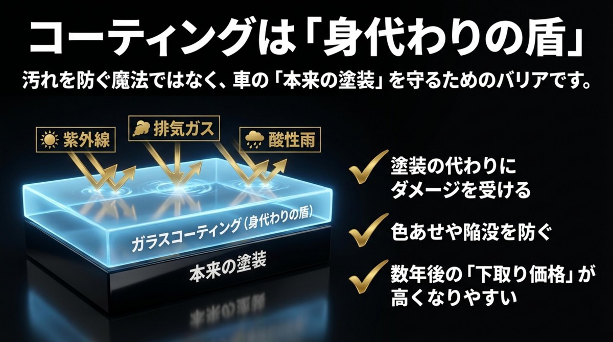 コーティングが本来の塗装を守る身代わりの盾（犠牲層）であることを説明する図解