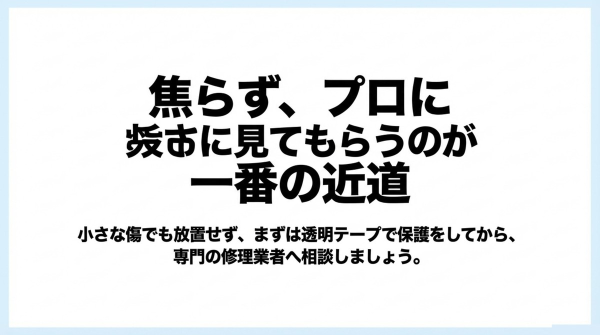 焦らずプロに見てもらうのが一番の近道 小さな傷でも放置せず専門業者へ相談することを促すメッセージ