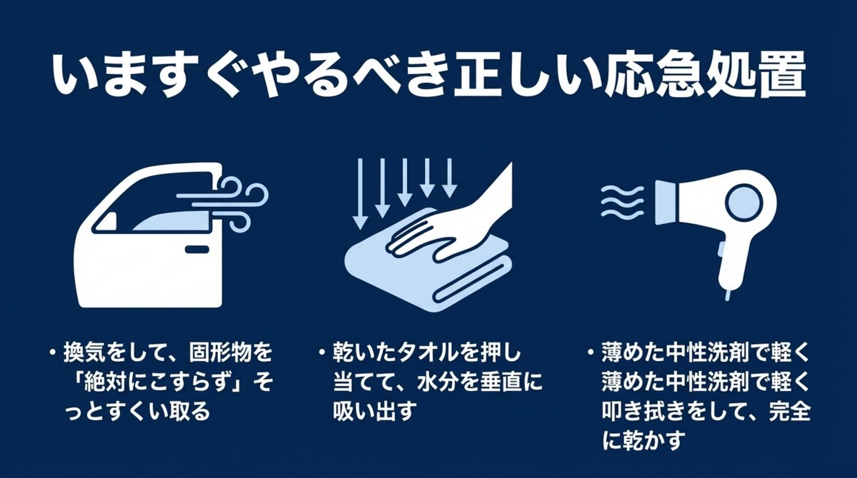 換気、すくい取り、タオルの押し当て、乾燥といった嘔吐の正しい応急処置のイラスト