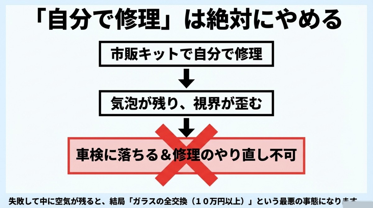 安物買いの銭失い?DIY修理は絶対におすすめしません 市販キットでの修理失敗による視界の歪みと全交換リスク