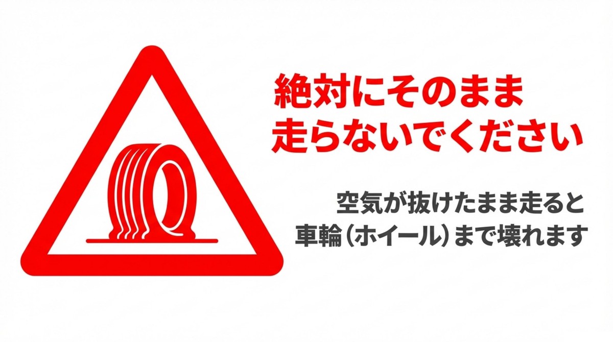 パンクしたまま走行するとホイールが壊れる危険性を警告する図