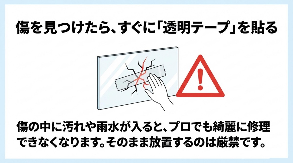 放置は厳禁!見つけたらすぐに透明テープで保護を 飛び石の傷に透明テープを貼って汚れを防ぐ応急処置のイラスト