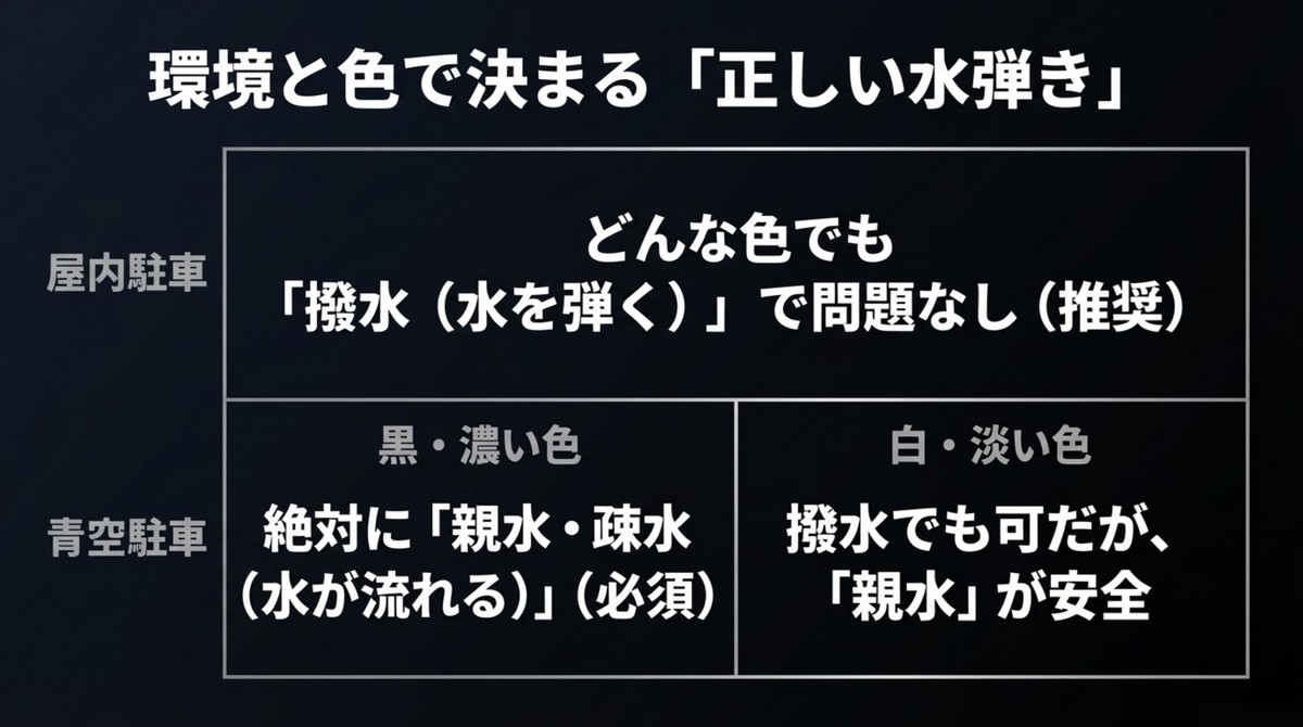 環境と色で決まる「正しい水弾き」 屋内駐車や青空駐車など環境と色で決まる正しい水弾き