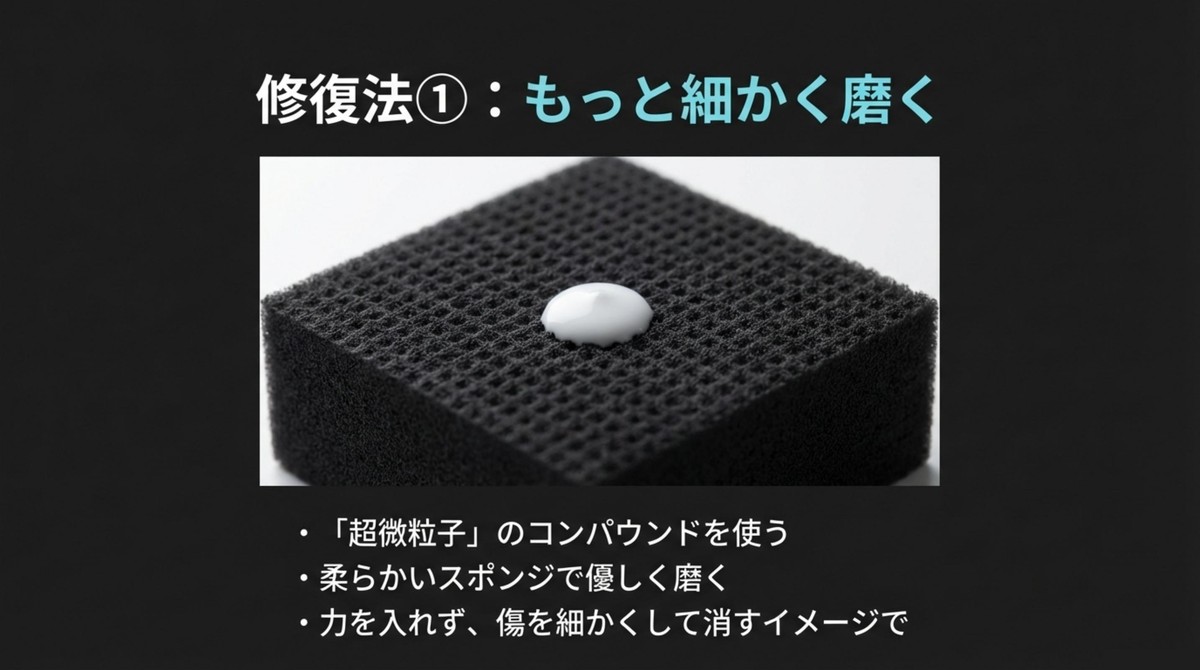 修復法①:超微粒子コンパウンドでもっと細かく磨く 黒いスポンジに乗せた超微粒子コンパウンド