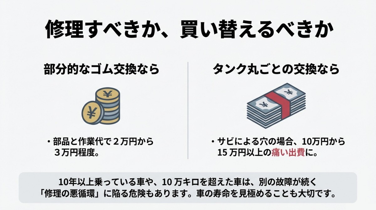 ガソリン漏れの修理費用目安と買い替えの判断基準