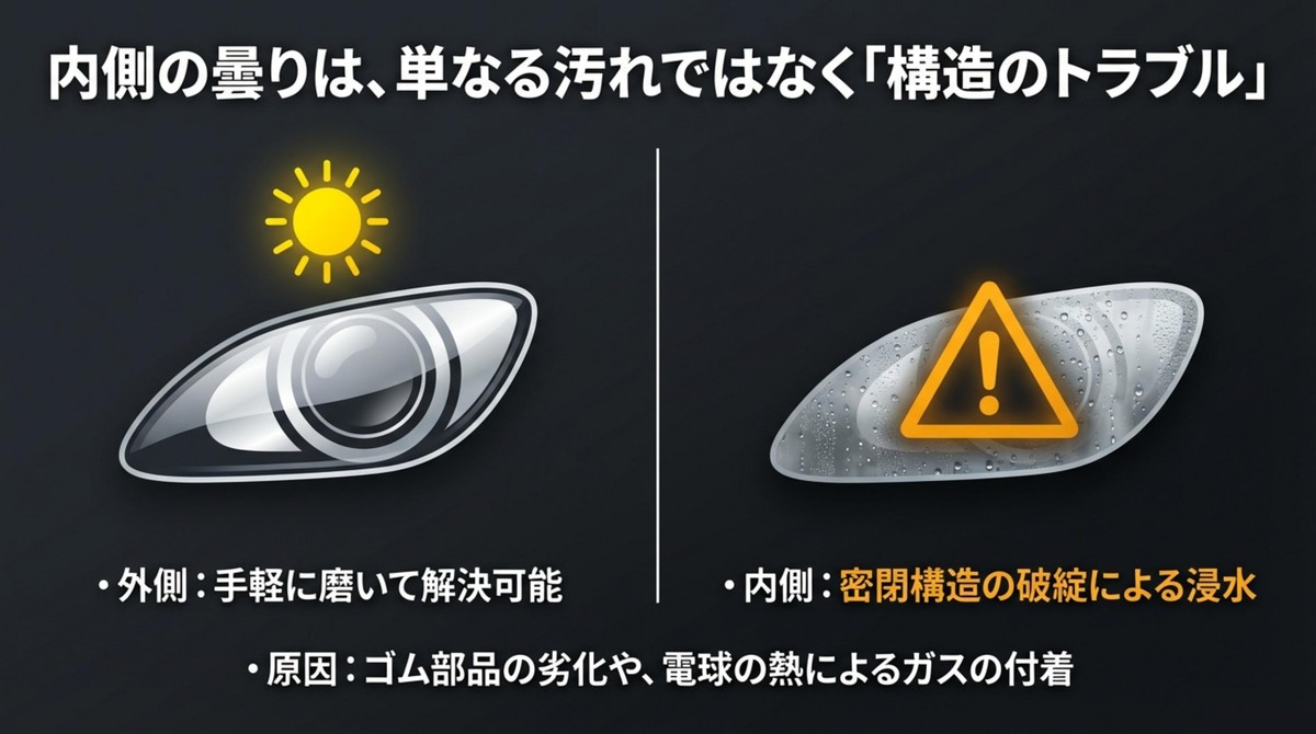 内側の曇りは「汚れ」ではなく「構造のトラブル」 ヘッドライト内側の曇りの原因(ゴム劣化・ガス付着)の説明