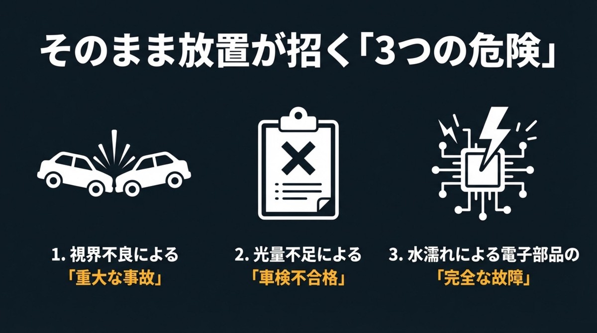 放置厳禁!視界不良や電子部品の故障を招く危険性 ヘッドライトの結露を放置することで発生する3つの危険(事故・車検不合格・故障)