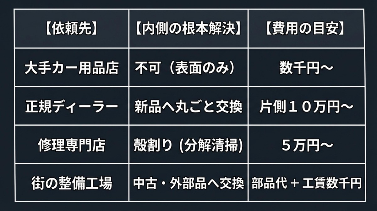 一目でわかる!依頼先別・費用と解決方法の比較表 大手カー用品店・ディーラー・専門店・整備工場の修理内容と費用比較表