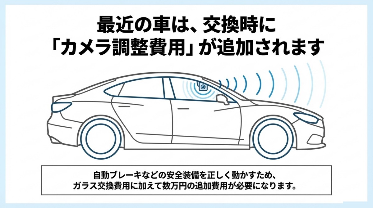 最新の車は要注意!ガラス交換にカメラ調整費用が追加 自動ブレーキ等の安全装備を正しく動かすためのカメラ調整の図解