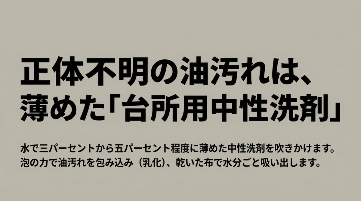 正体不明の油汚れは薄めた台所用中性洗剤で乳化