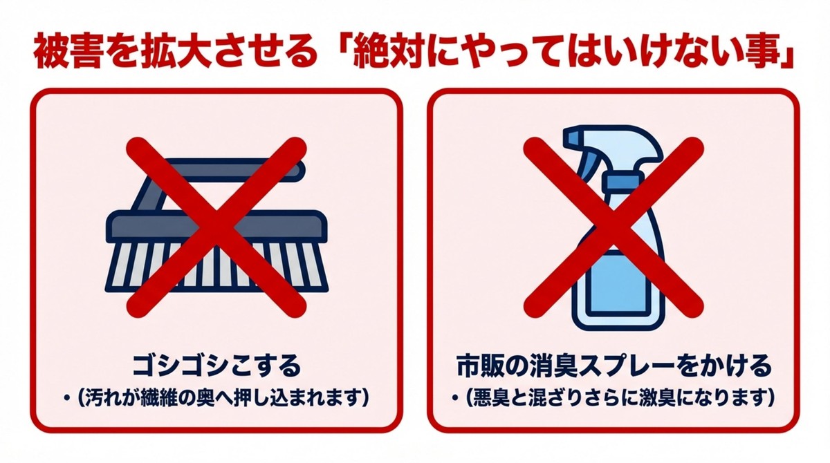 ブラシでこすることや市販の消臭スプレーを使用することを禁止するイラスト