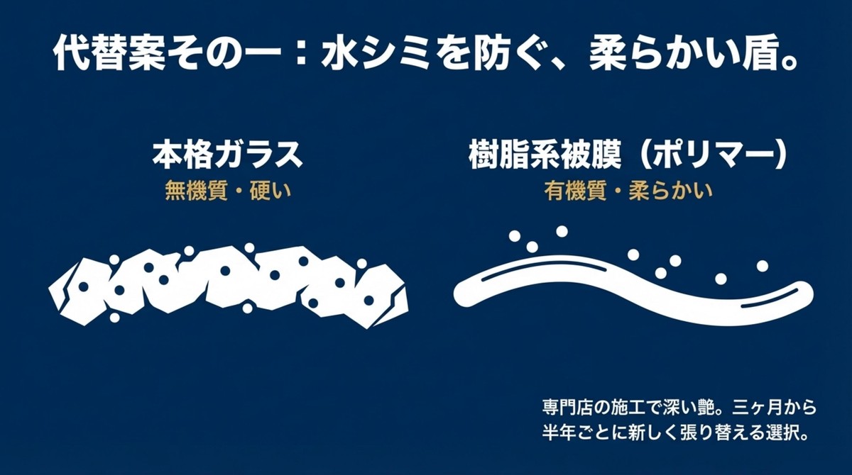 代替案その1:水シミを防ぐ「柔らかい盾」 水シミを防ぐ柔らかい盾として、樹脂系被膜であるポリマーコーティングを提案するスライド