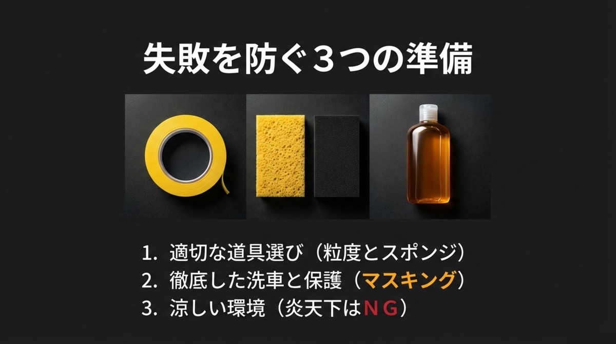 車のコンパウンド失敗を防ぐ3つの準備 失敗を防ぐための3つの準備(道具・洗車・環境)