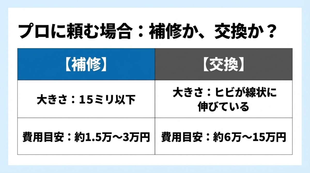 プロに頼むなら補修?交換?サイズと費用の目安 補修可能な15mm以下の傷と交換が必要な線状のヒビの費用比較