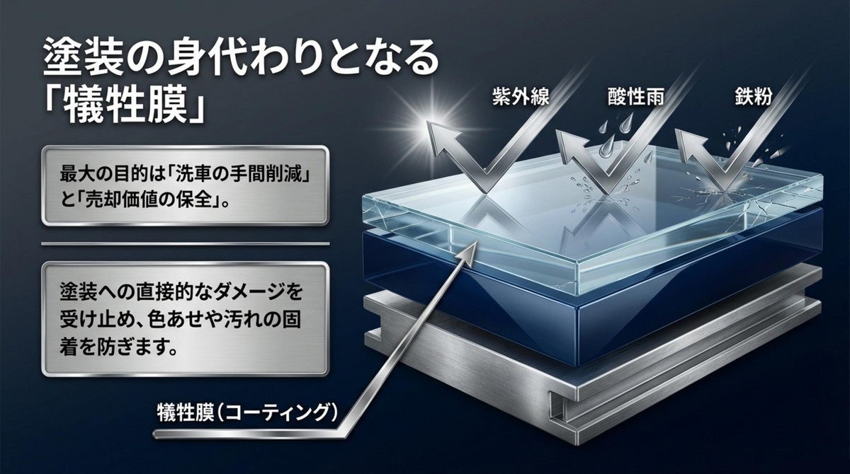 コーティングが紫外線や酸性雨、鉄粉から塗装を守る犠牲膜となる図解