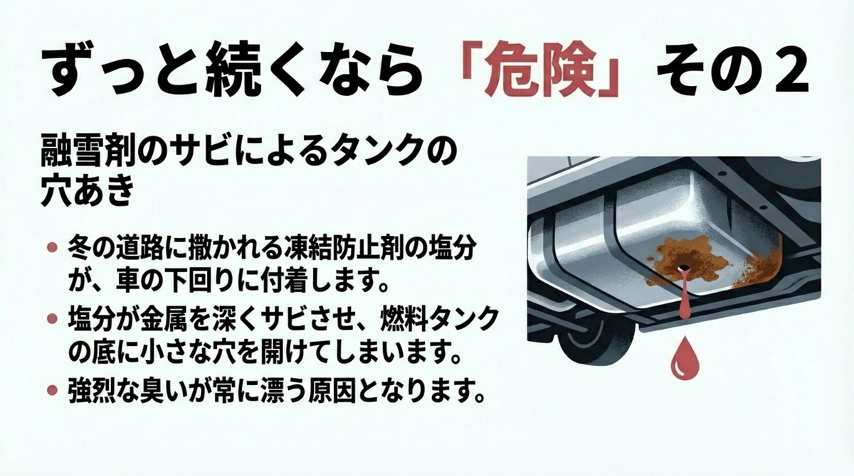融雪剤の塩害によるサビが原因で燃料タンクに開いた穴