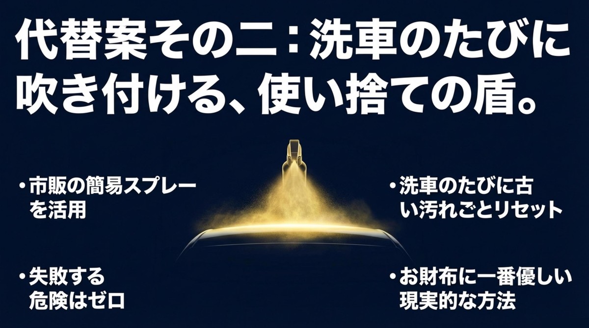 代替案その2:使い捨ての「スプレーの盾」 洗車のたびに吹き付ける使い捨ての盾として、市販の簡易スプレーを提案するスライド
