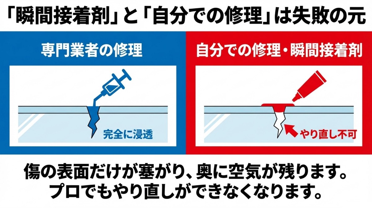 瞬間接着剤やDIY修理は内部に空気が残りやり直しができなくなる