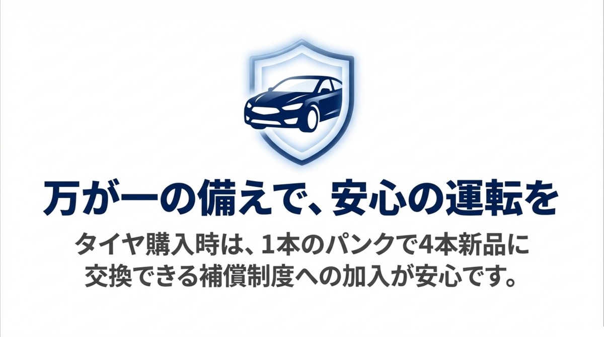 1本のパンクで4本新品に交換できるタイヤ補償制度の案内