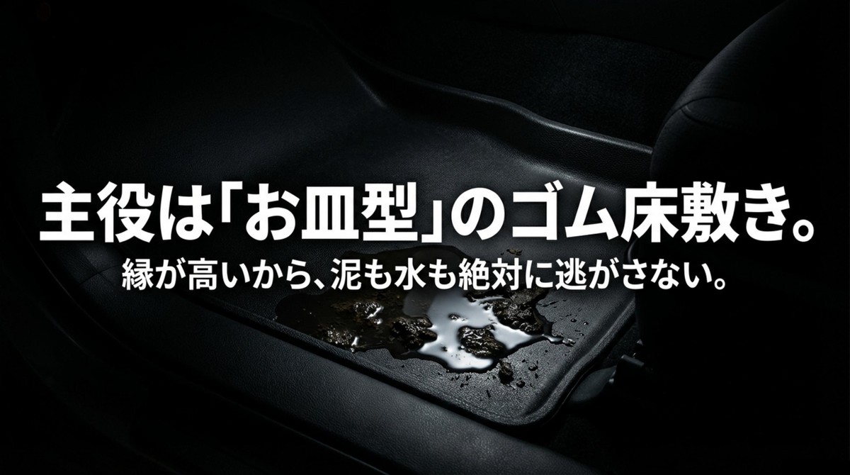 縁が高いお皿型のゴム床敷きの特徴。泥や水を逃さない設計