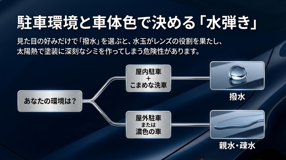 駐車環境が屋内か屋外か、こまめな洗車ができるかで撥水と親水・疎水を分類するフローチャート