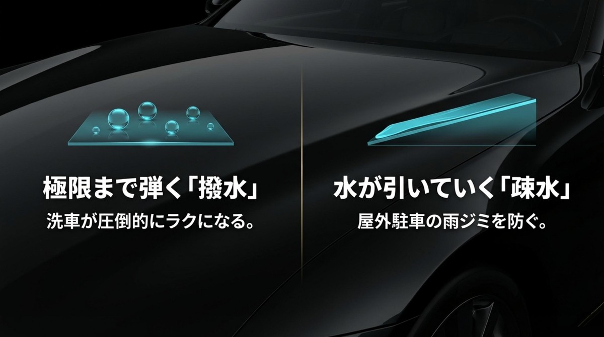 極限まで弾く「撥水」と水が引いていく「疎水」 洗車がラクになる極限の撥水と雨ジミを防ぐ疎水の特徴