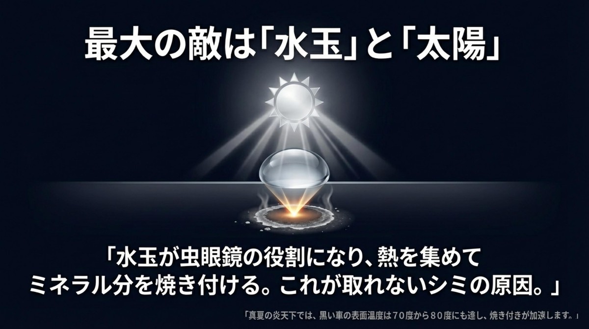 最大の敵は「水玉」と「太陽」 水玉と太陽によるミネラル分の焼き付きシミ原因
