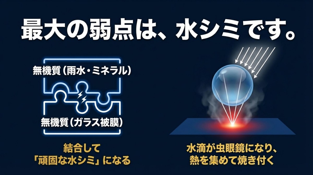 最大の弱点「水シミ」ができるメカニズム 無機質の汚れと被膜が結合し、水滴が虫眼鏡のように熱を集めて水シミになる仕組みを図解したスライド