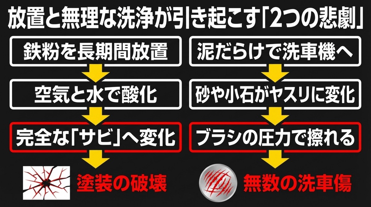 無理な機械洗車が引き起こすホイールへの悲劇 ホイールに付着した汚れと洗車機の摩擦による傷や塗装へのダメージ