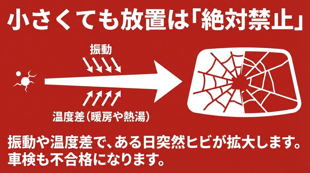 小さな傷でも放置すると振動や温度差でヒビが拡大する危険性