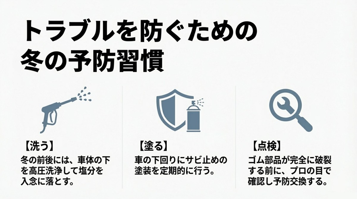 下回りの高圧洗浄やサビ止め塗装などのトラブルを防ぐ予防習慣