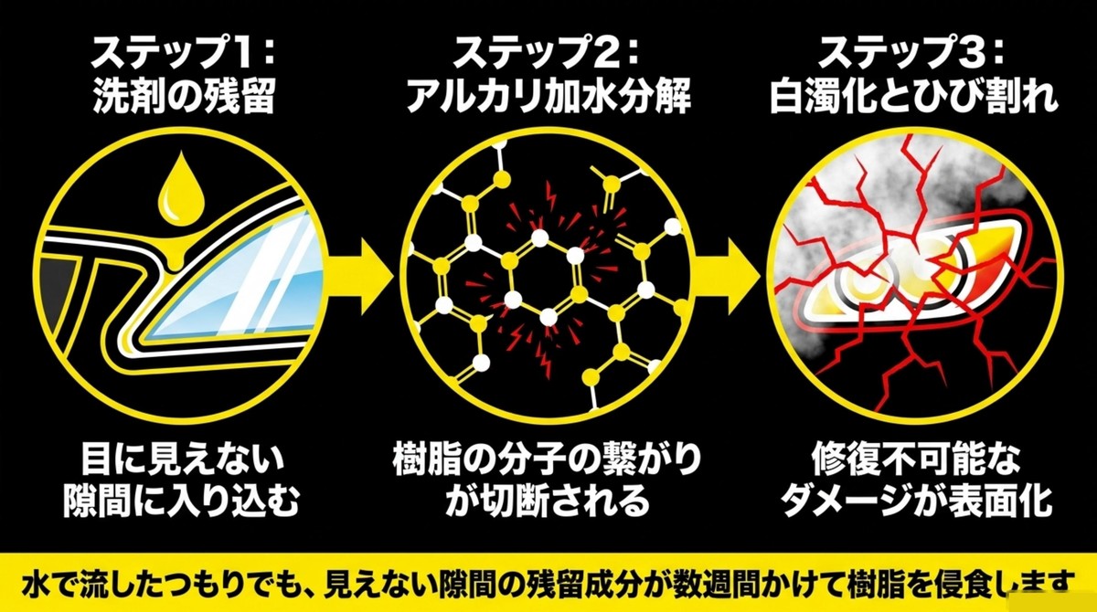 洗剤の残留によるアルカリ加水分解と樹脂の白濁化・ひび割れ