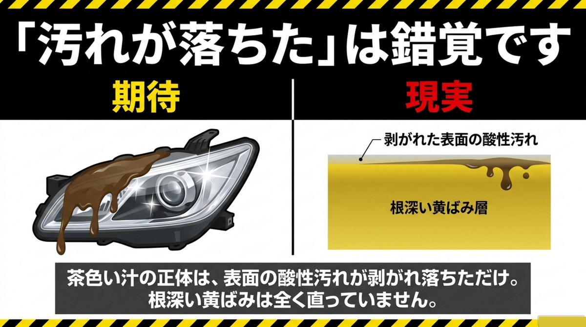 茶色い汁の正体は表面の酸性汚れが剥がれ落ちただけであり、根深い黄ばみ層は直っていないことを示す図解 [cite: 5, 8, 9, 10]