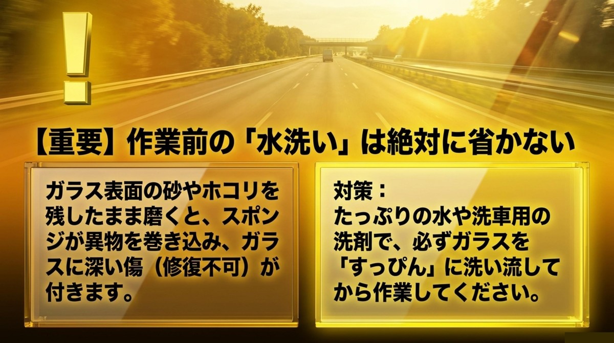 ガラスの傷を防ぐための作業前の水洗いの重要性