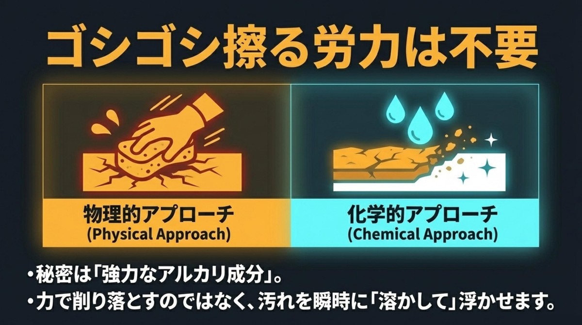 物理的に削るのではなく強力なアルカリ成分で汚れを瞬時に溶かす仕組み