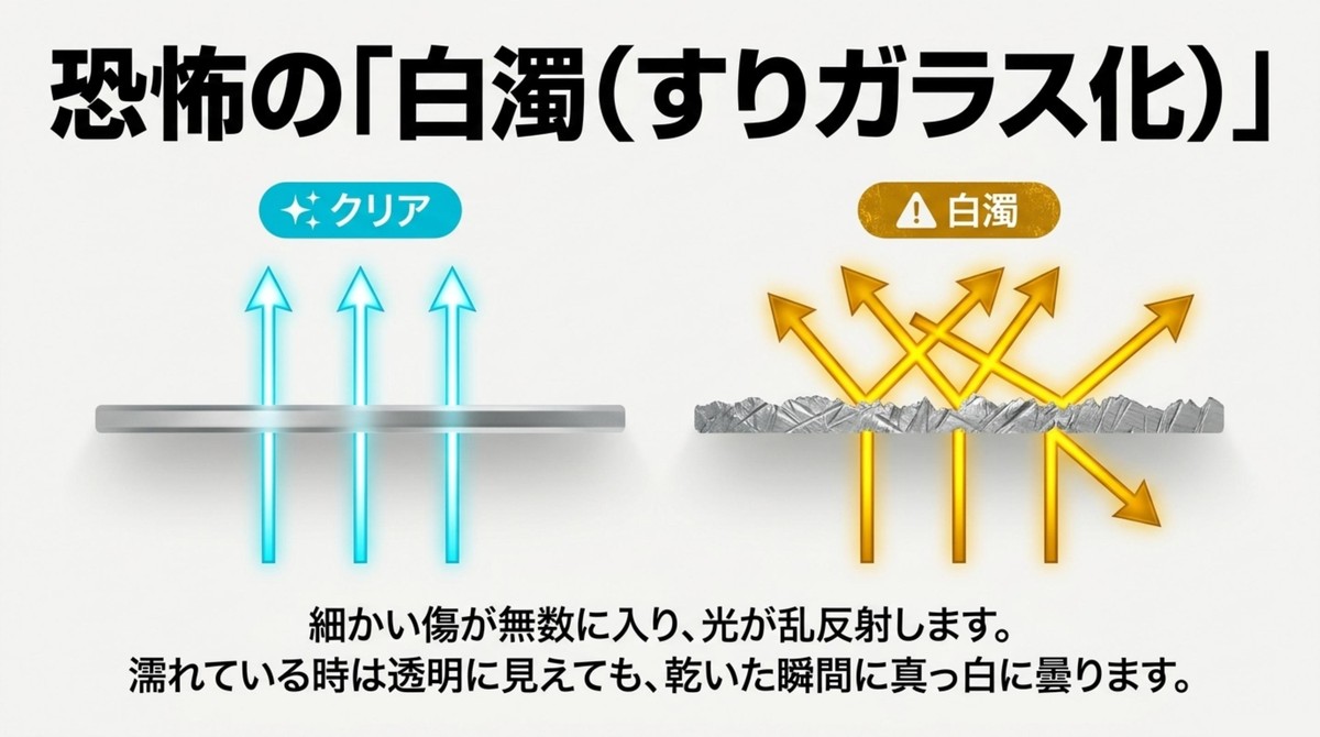 細かい傷による光の乱反射と白濁化現象の図解