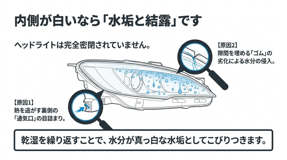 通気口の目詰まりやゴムの劣化によって水分が侵入し結露や水垢が発生するメカニズム
