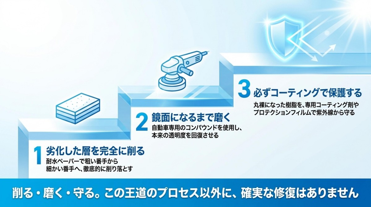 削る、磨く、守るという正しいヘッドライト修復プロセス