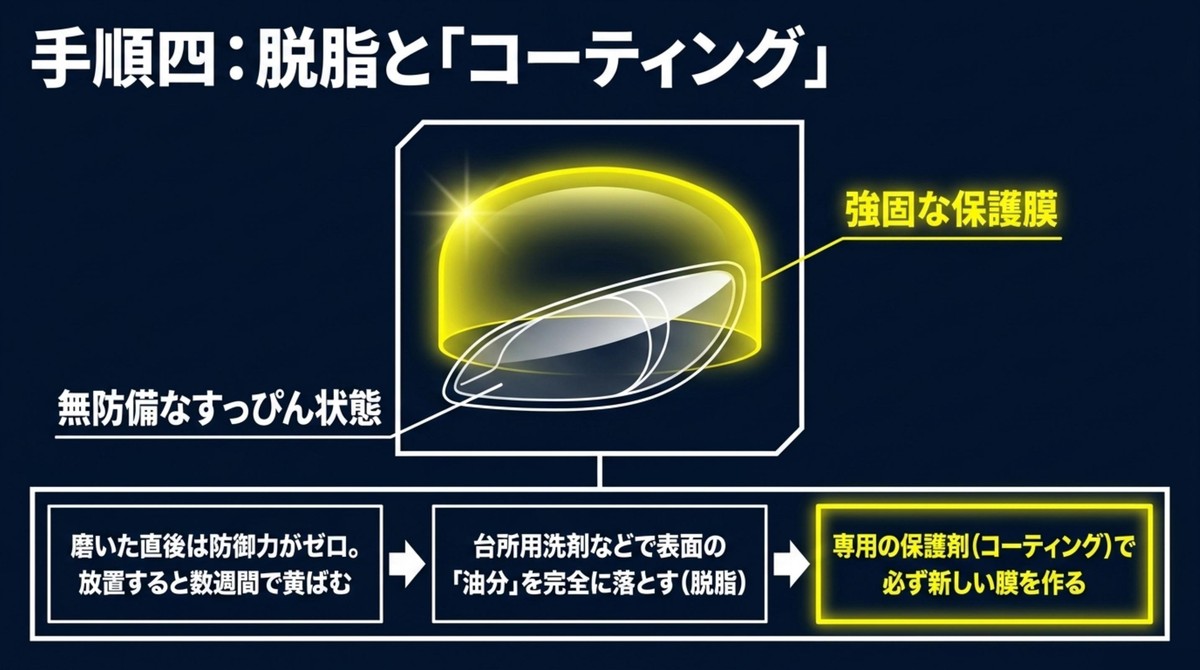 磨いた直後の無防備な状態のライトにコーティングの保護膜を作る図解