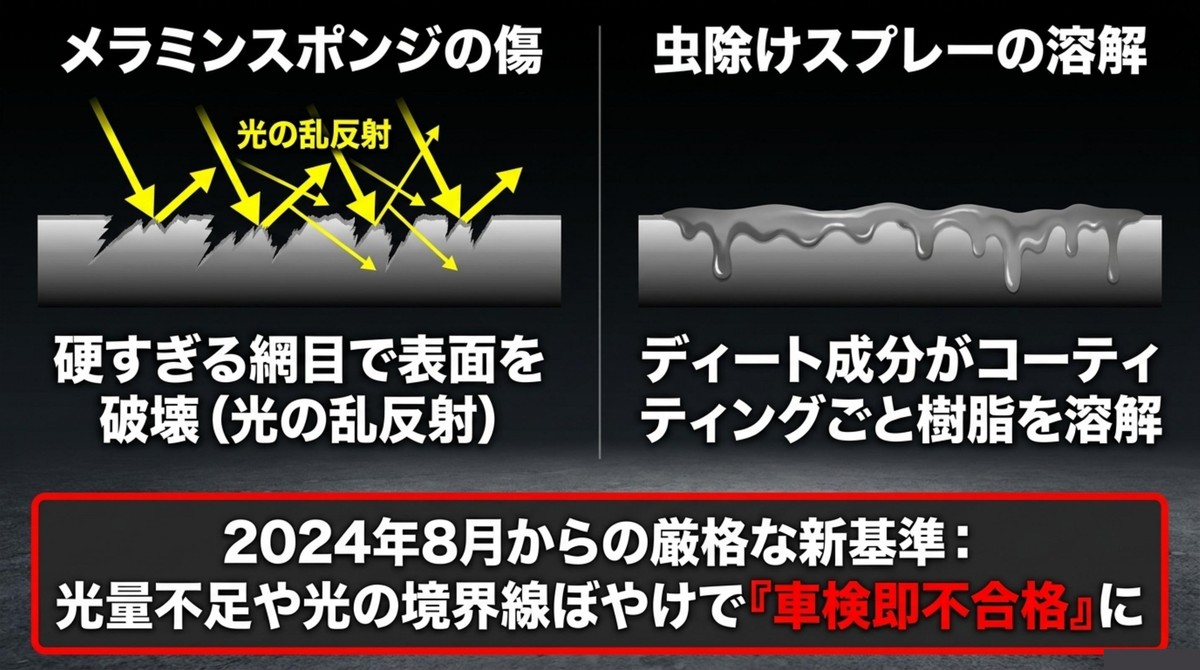 メラミンスポンジの傷による光の乱反射と車検不合格のリスク